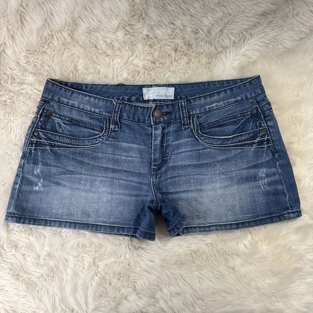 Maurices Low Waist Denim Shorts 11/12 (W33 Inseam 2) Blue Embroidered Juniors